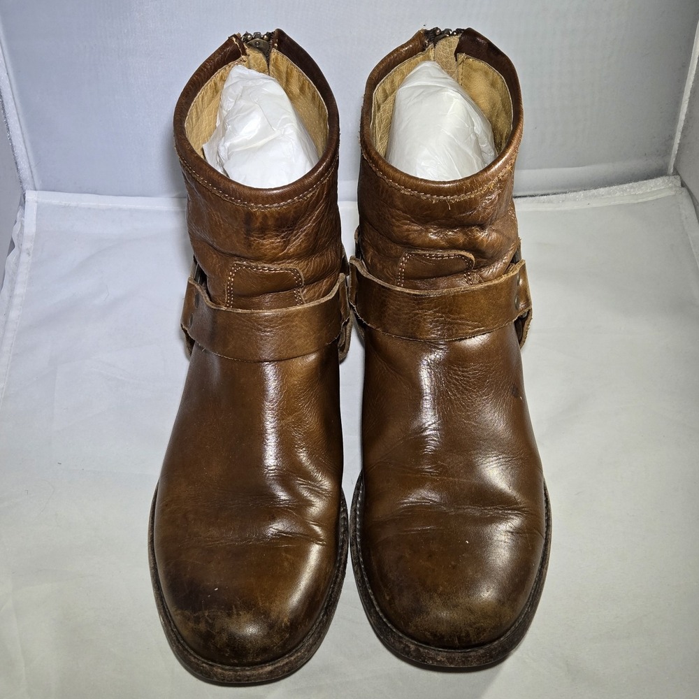 Frye Phillip Cognac Harness Leather Booties Size 9 M Womens Brown Shoes W/Box - Picture 5 of 12